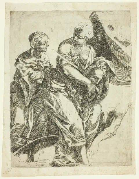 Two women stand near one another, one of them holding the severed head of a bearded man.