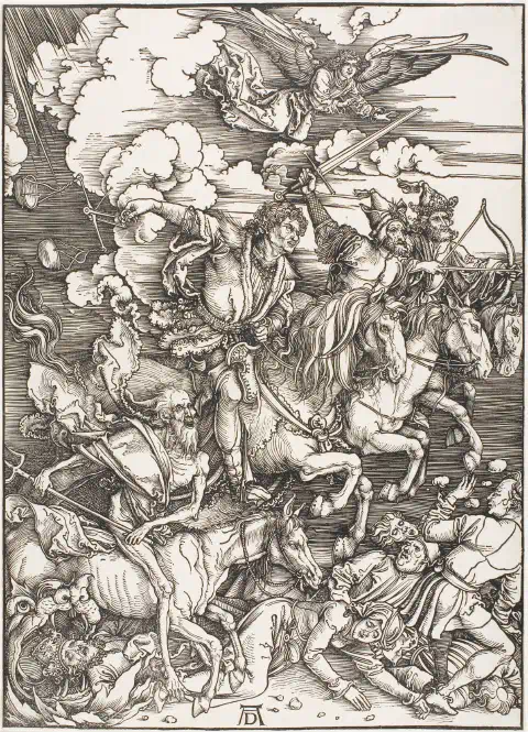 Woodcut of four horsemen riding down over a crowd of fallen people, an angel above them in the clouds.