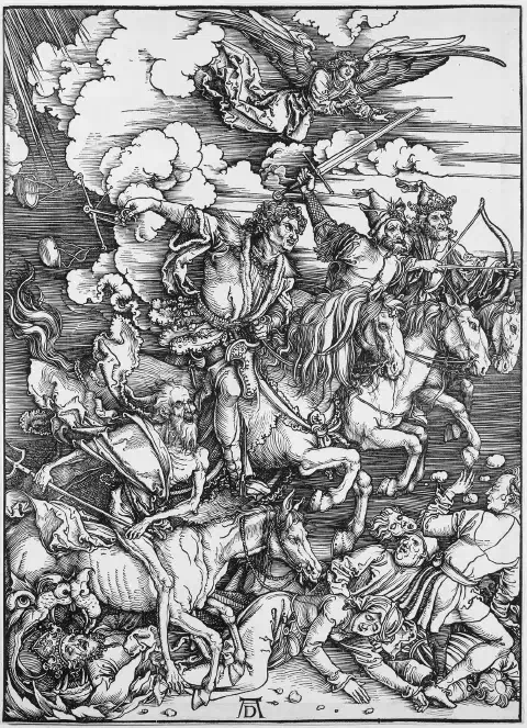 Woodcut of four horsemen riding down over a crowd of fallen people, an angel above them in the clouds.